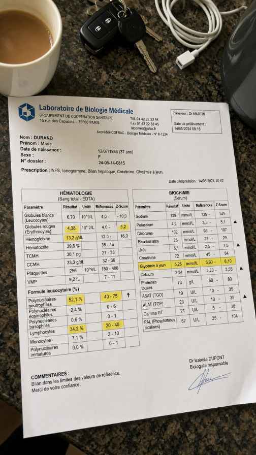 Photo d’un résultat d’analyse de sang
