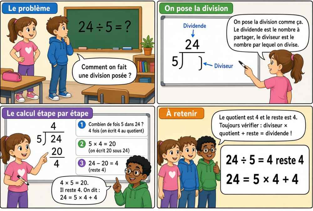 Bande dessinée expliquant la technique de la division pour un élève de CM1