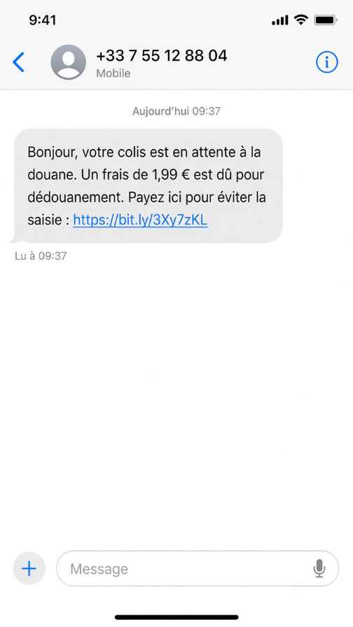 Capture d’écran d’un SMS frauduleux