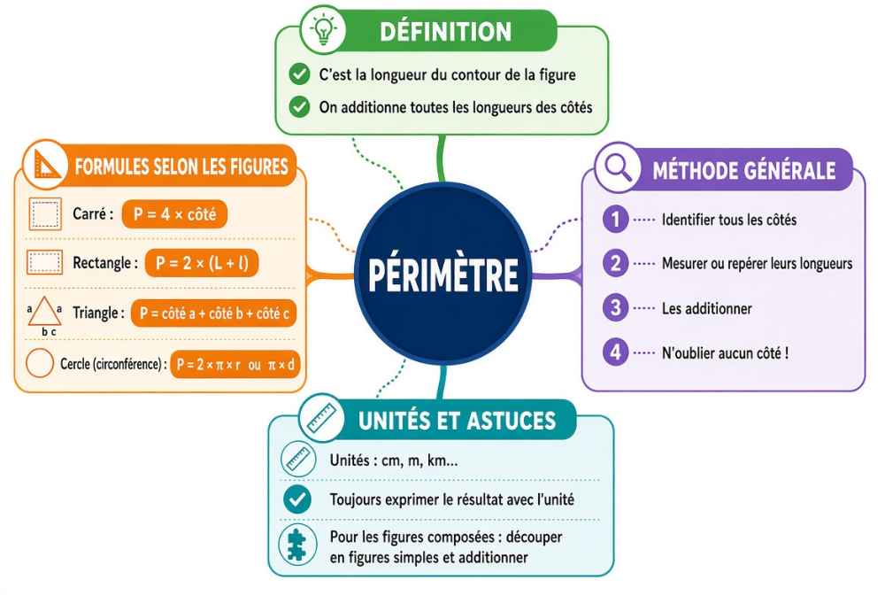 Carte mentale du calcul du périmètre des figures usuelles pour un élève de 5e